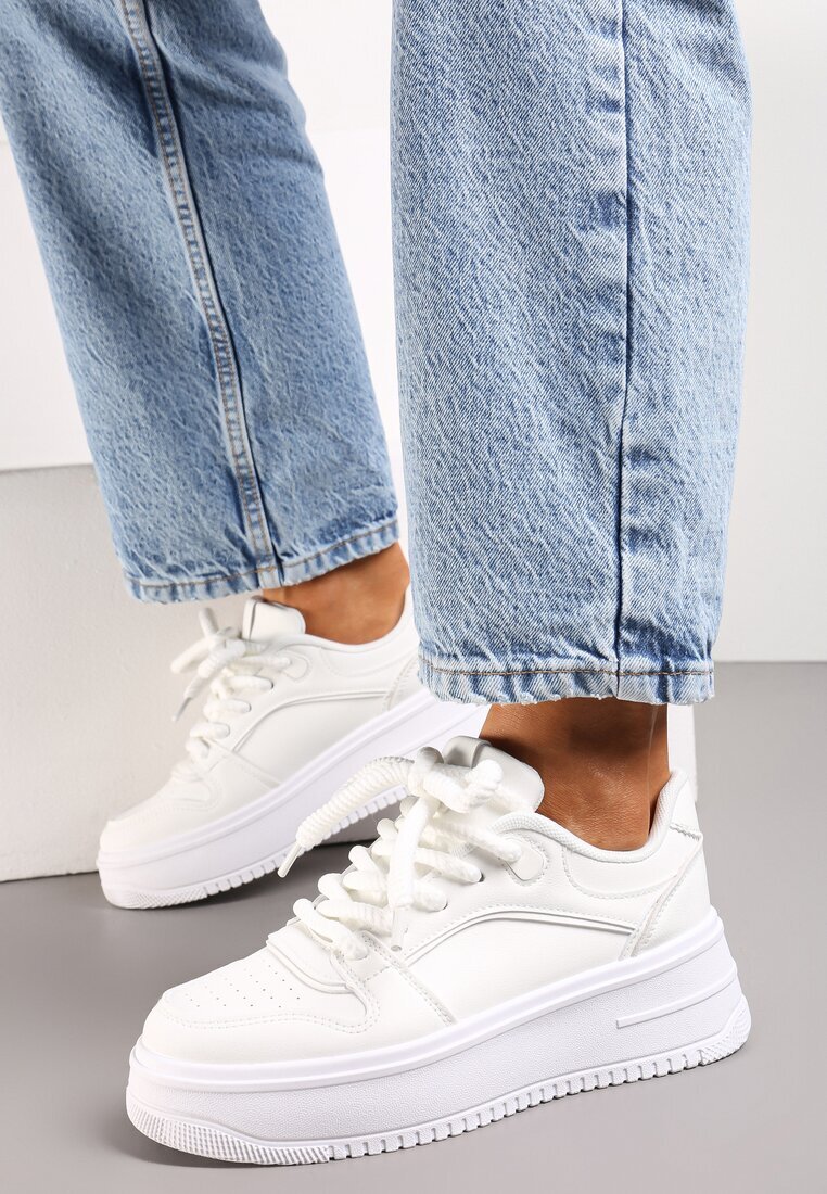  Sneakerși Albi cu șireturi cu platformă cu inserții metalice Arileva