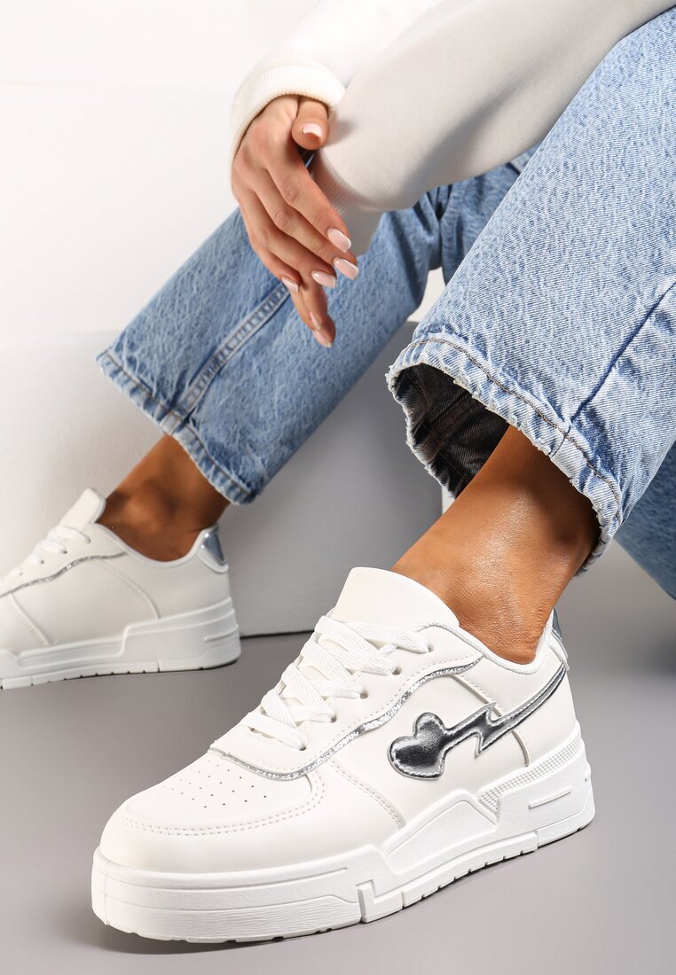  Sneakersi Albi Cu șireturi cu Talpă Groasă cu Aplicații Sclipitoare Anaieli