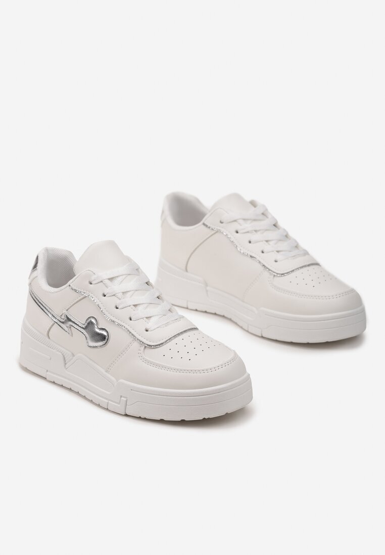  Sneakersi Albi Cu șireturi cu Talpă Groasă cu Aplicații Sclipitoare Anaieli
