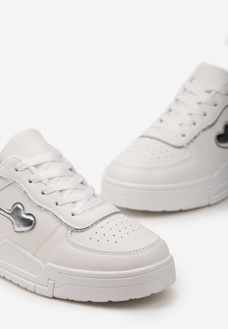  Sneakersi Albi Cu șireturi cu Talpă Groasă cu Aplicații Sclipitoare Anaieli