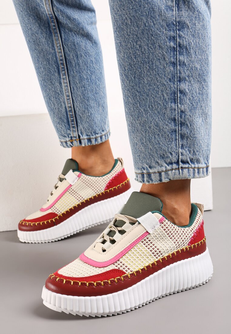  Sneakerși Bordo pe platformă decorați cu inserții din tweed și cu zirconii Eganna