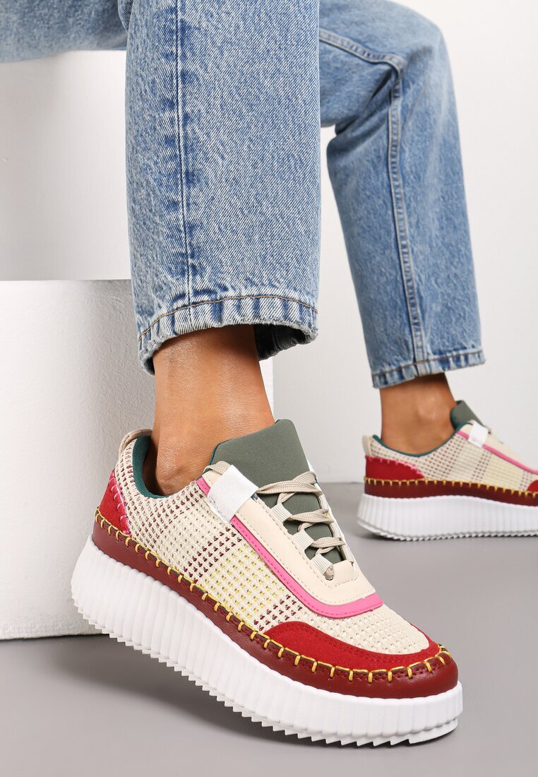  Sneakerși Bordo pe platformă decorați cu inserții din tweed și cu zirconii Eganna