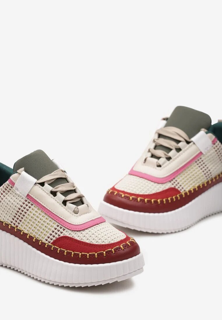  Sneakerși Bordo pe platformă decorați cu inserții din tweed și cu zirconii Eganna