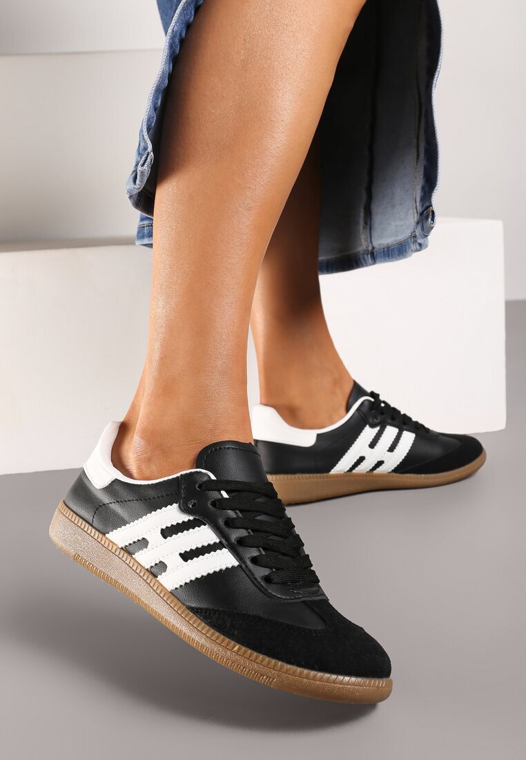  Sneakerși Negru-Alb Casual cu Șireturi cu Talpă Plată și Benzi Laterale Weiara