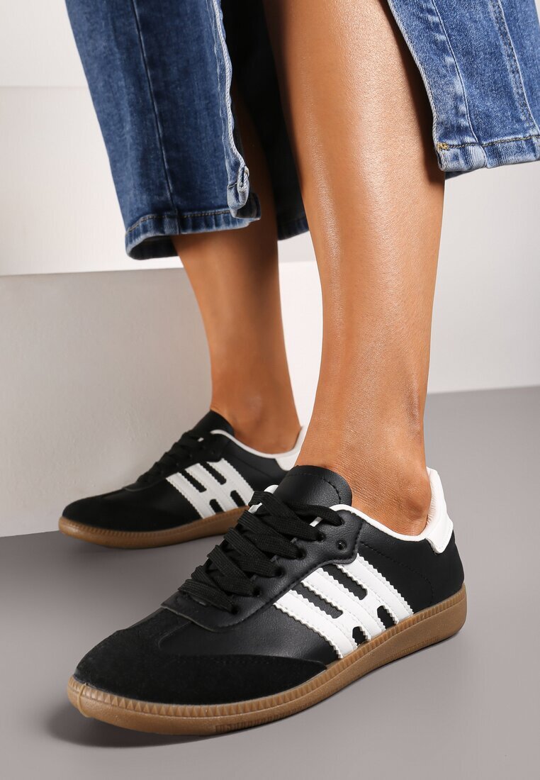  Sneakerși Negru-Alb Casual cu Șireturi cu Talpă Plată și Benzi Laterale Weiara