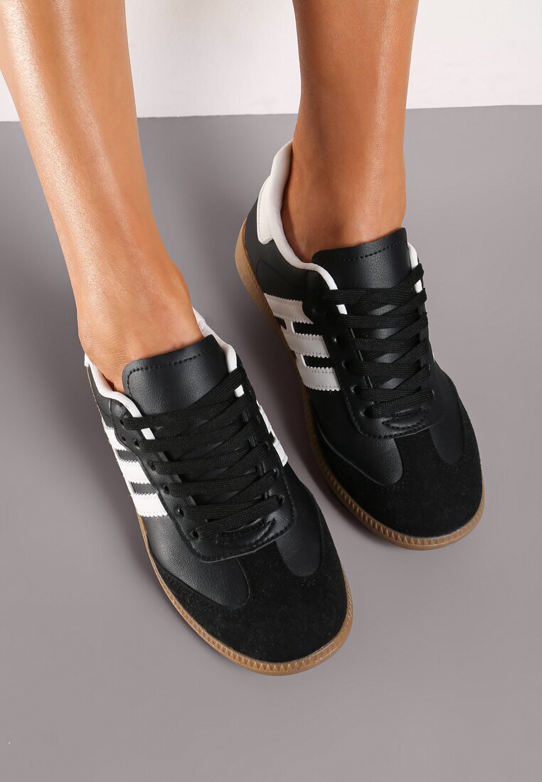  Sneakerși Negru-Alb Casual cu Șireturi cu Talpă Plată și Benzi Laterale Weiara