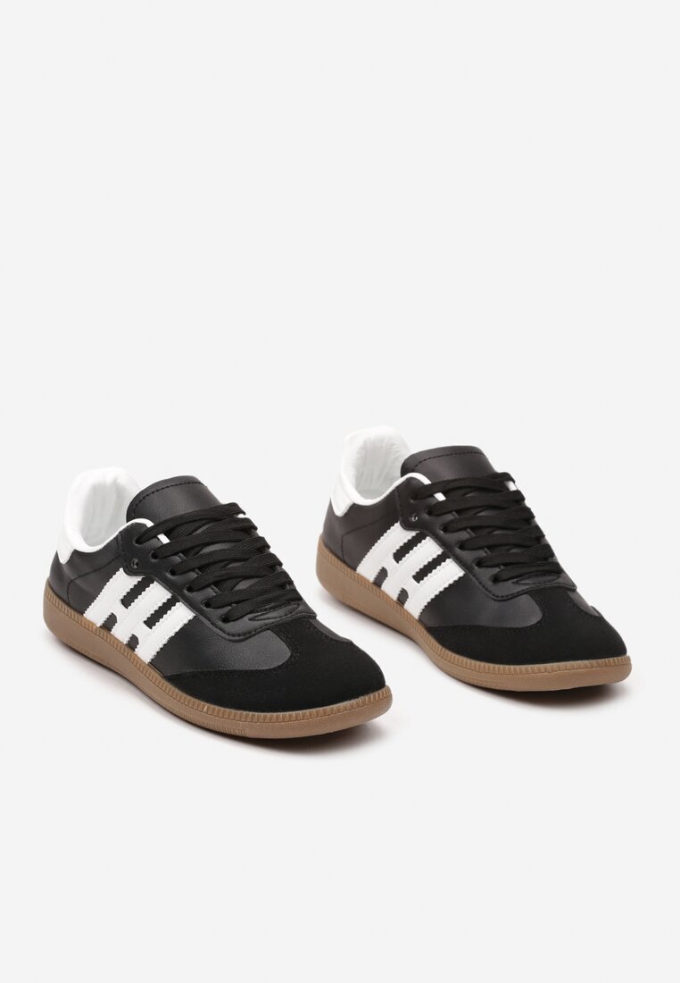  Sneakerși Negru-Alb Casual cu Șireturi cu Talpă Plată și Benzi Laterale Weiara