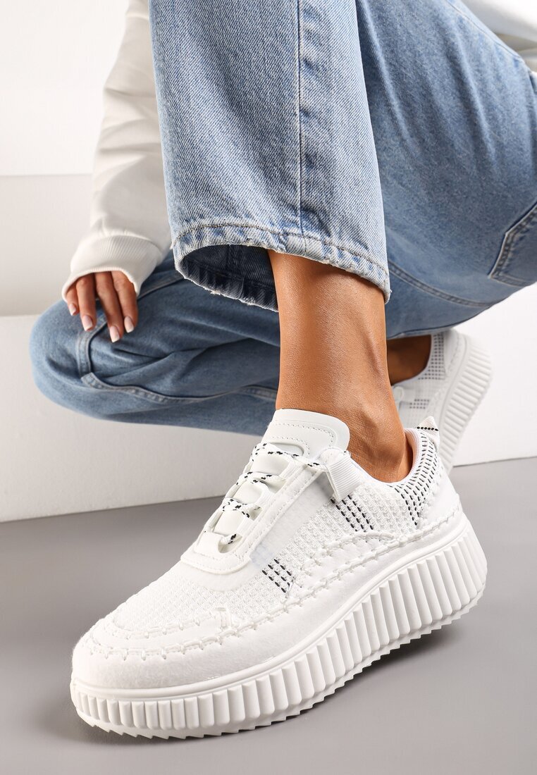 Sneakersy Albe Casual cu Șireturi pe Talpă Groasă Modelată Aniata