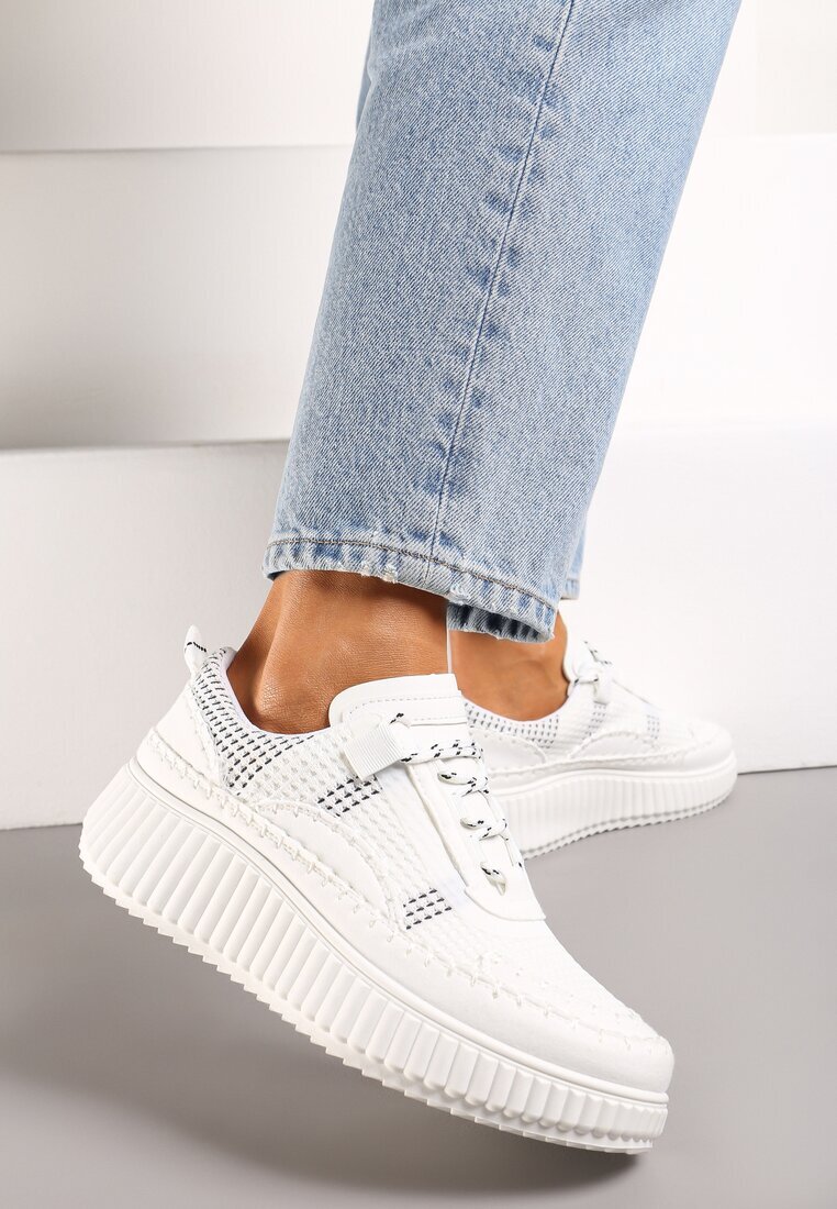  Sneakersy Albe Casual cu Șireturi pe Talpă Groasă Modelată Aniata