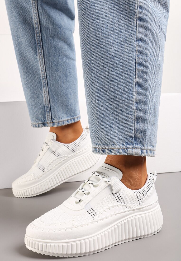  Sneakersy Albe Casual cu Șireturi pe Talpă Groasă Modelată Aniata