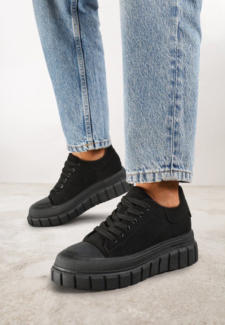  Sneakersy Negre Vices pe Platformă cu Embosare Decorați cu Perforații Leaniael