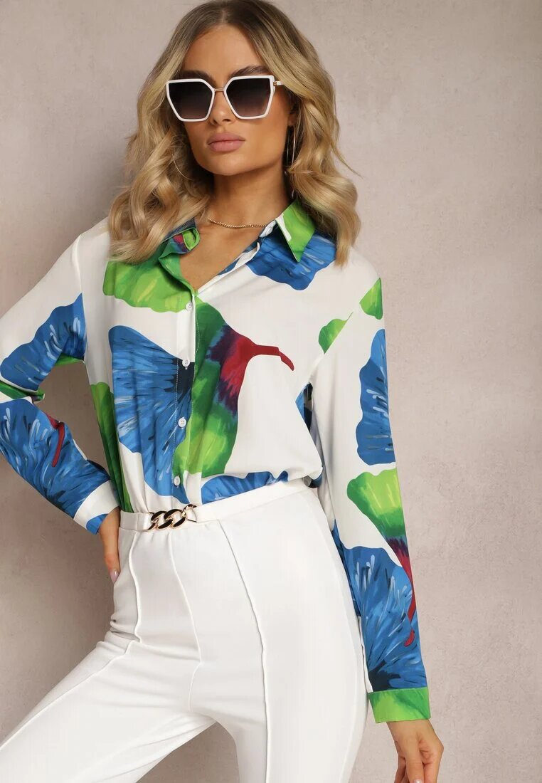 sophyline Cămașă Albă-Bleumarin Clasică cu Motiv Floral Mirtilla