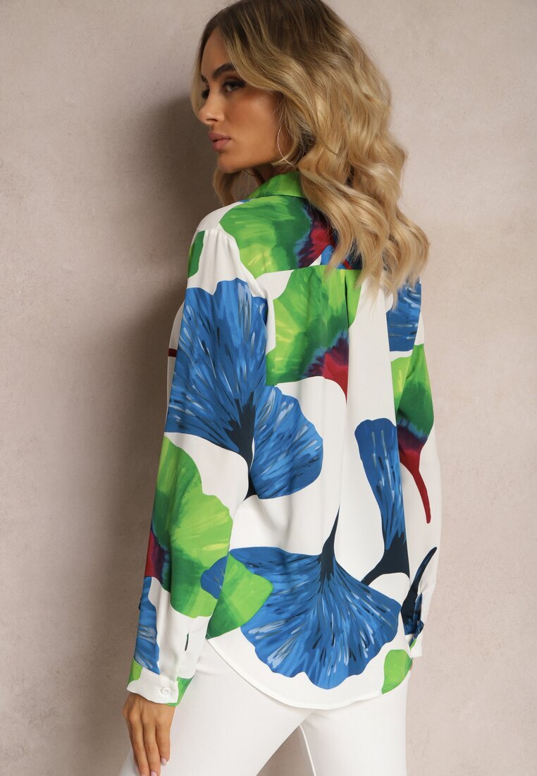 sophyline Cămașă Albă-Bleumarin Clasică cu Motiv Floral Mirtilla