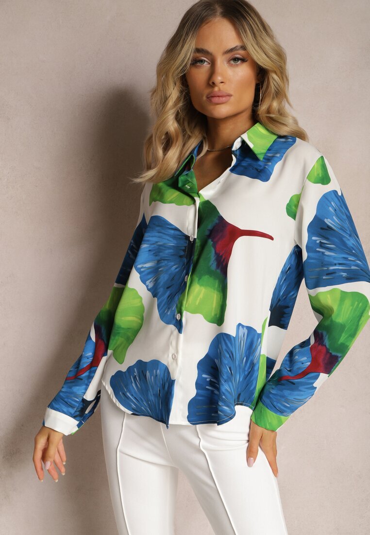 sophyline Cămașă Albă-Bleumarin Clasică cu Motiv Floral Mirtilla