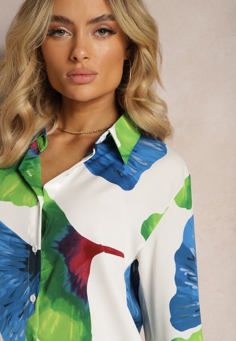 sophyline Cămașă Albă-Bleumarin Clasică cu Motiv Floral Mirtilla