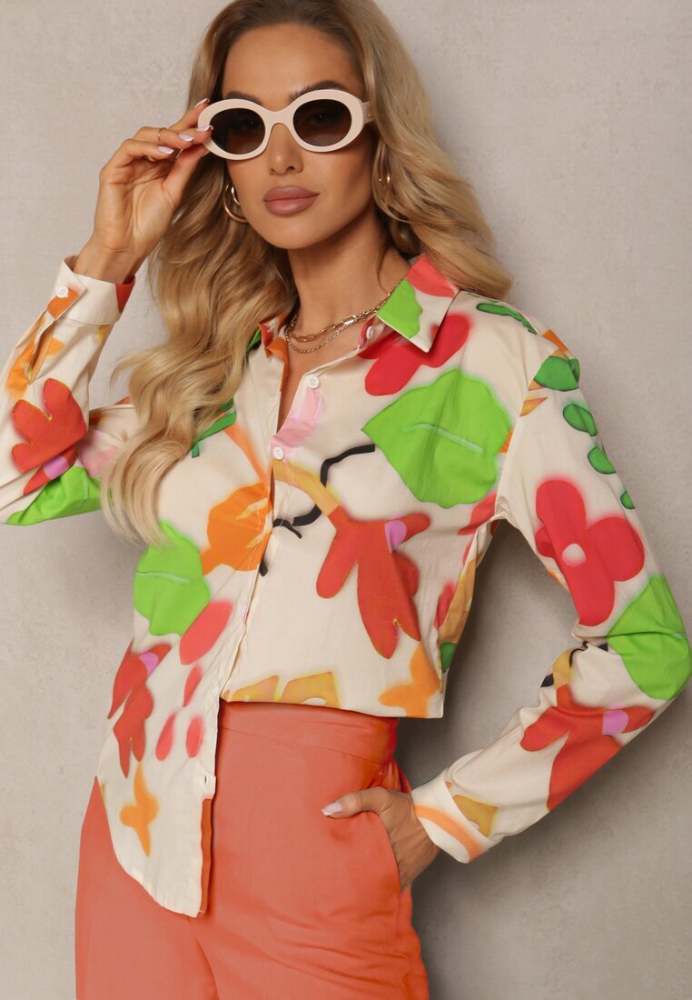 sophyline Cămașă Bej-Verde de bumbac cu Model Abstract Bellanight