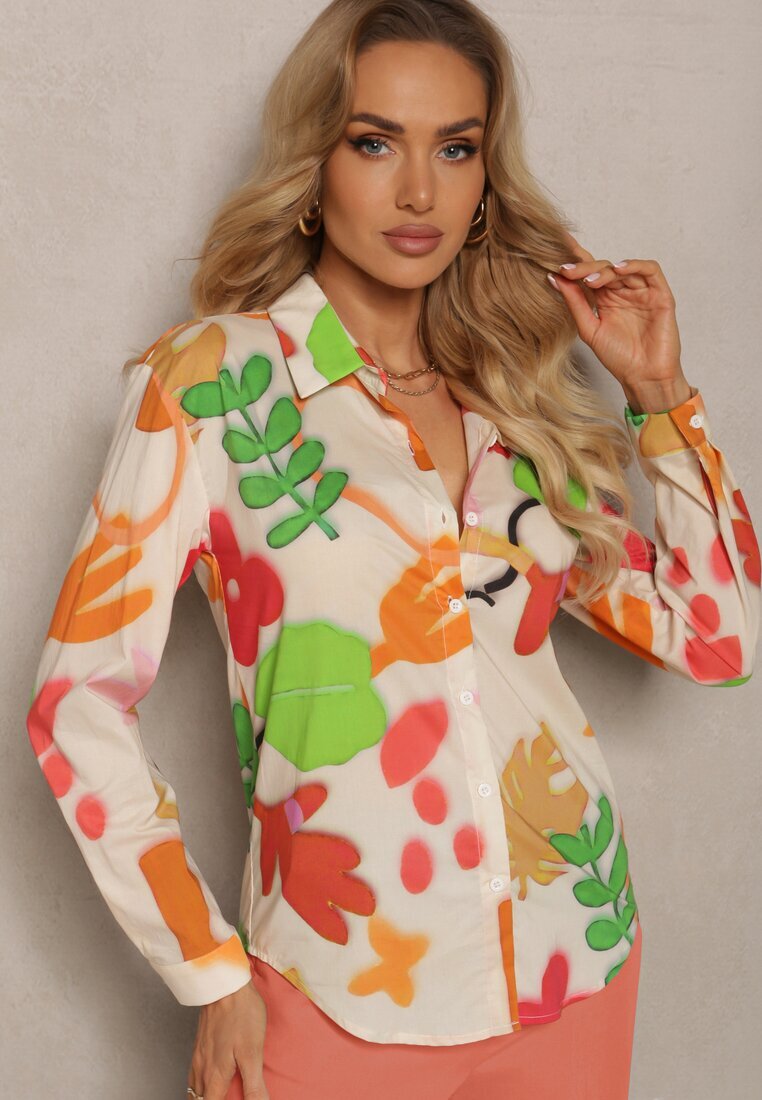sophyline Cămașă Bej-Verde de bumbac cu Model Abstract Bellanight
