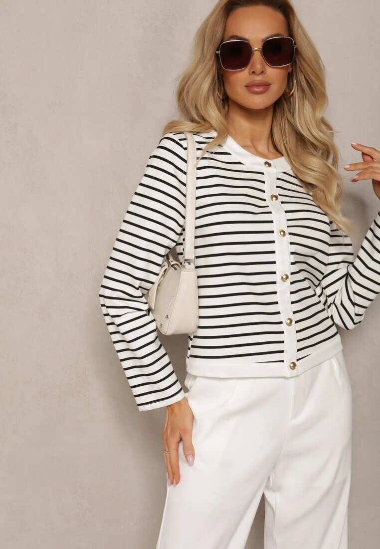sophyline Cardigan Alb Clasic cu Nasturi Metalici cu Dungi Praivea