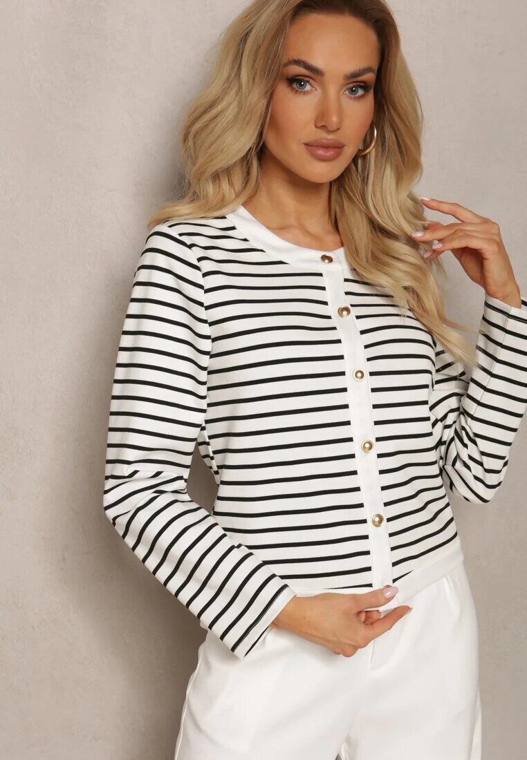 sophyline Cardigan Alb Clasic cu Nasturi Metalici cu Dungi Praivea