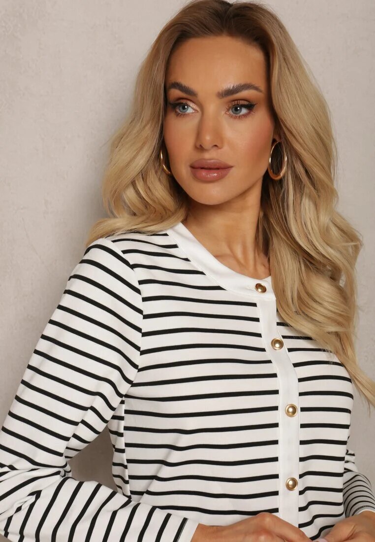 sophyline Cardigan Alb Clasic cu Nasturi Metalici cu Dungi Praivea