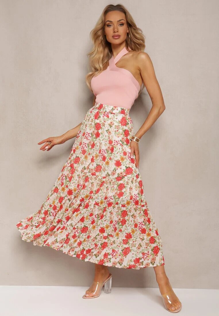 sophyline Fustă Albă-roșie Florală cu elastic în talie și volane Qeritellia