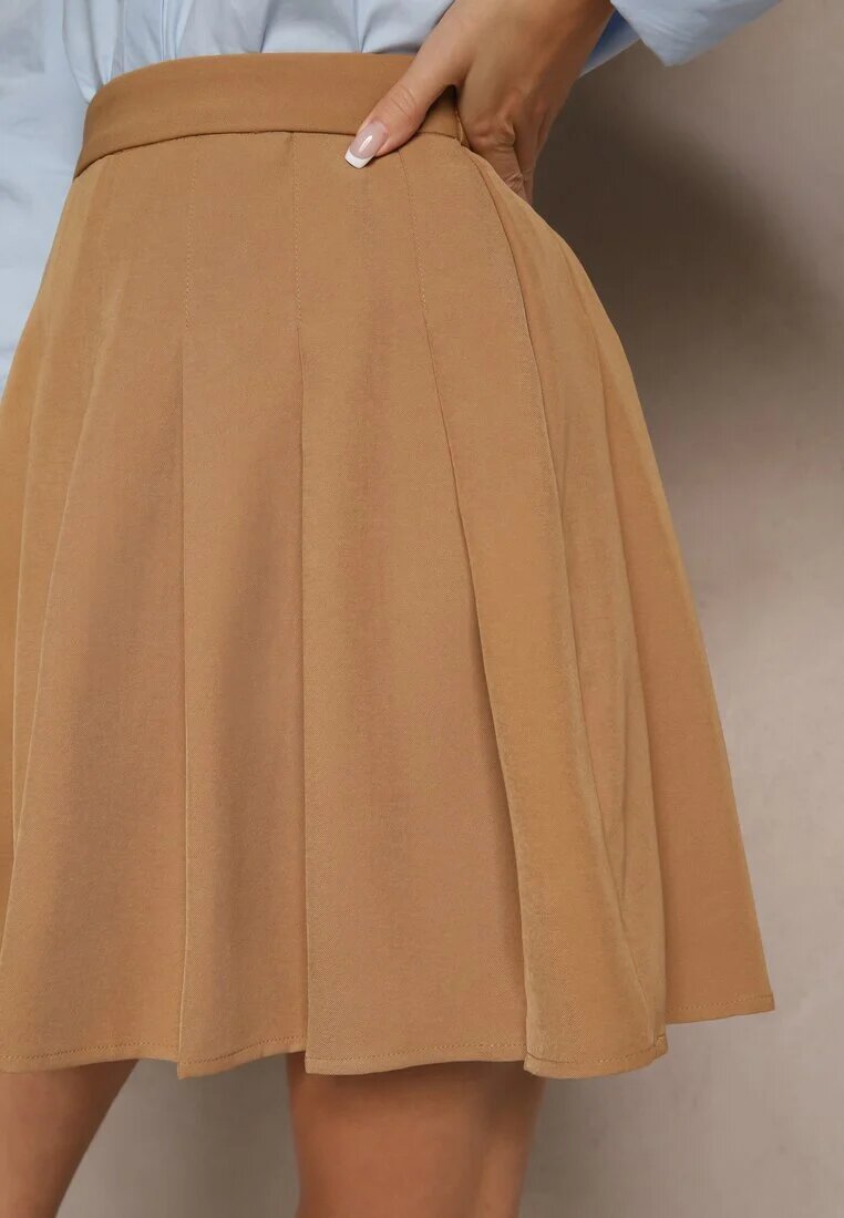 sophyline Fustă Bej din Vâscoză cu Croi Cloș cu Pliuri și Elastic în Talie în Stil Preppy Iliola