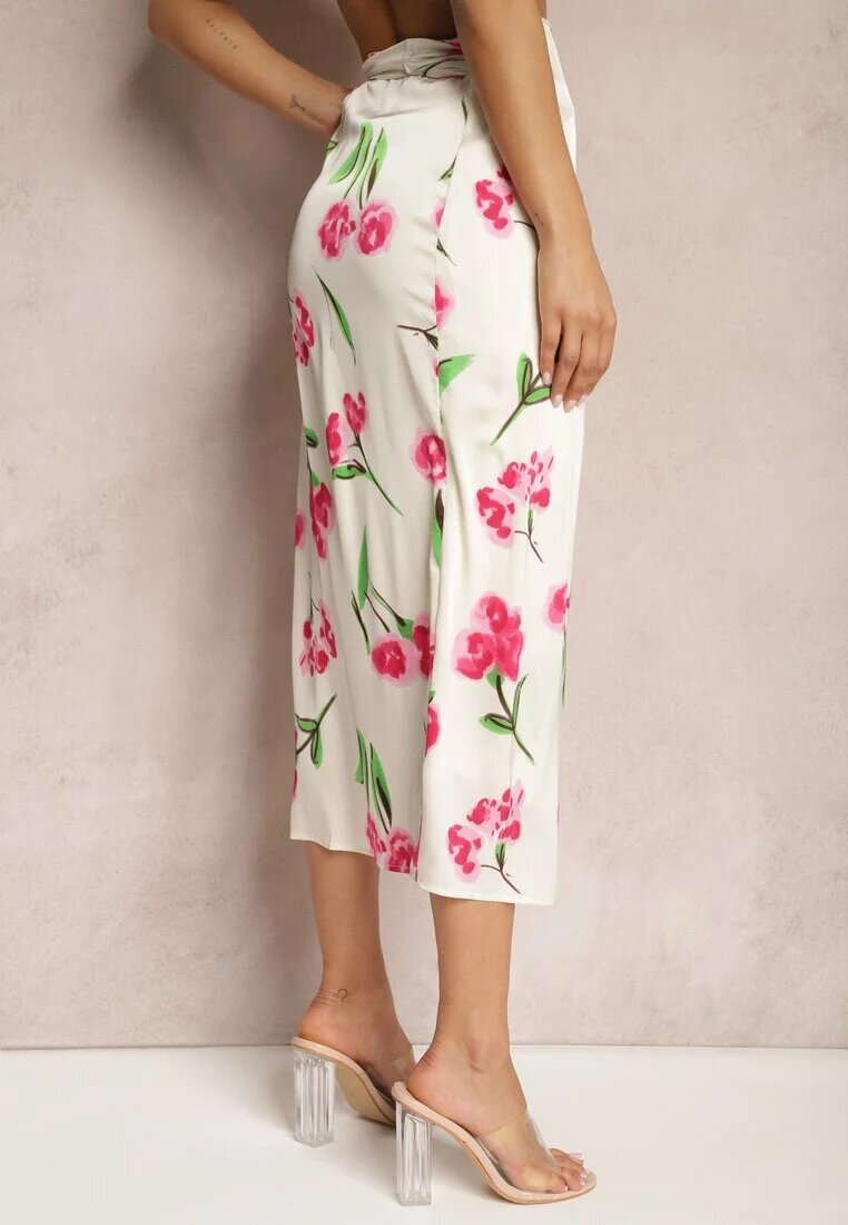 sophyline Fustă Plic Bej și Roz Legată în Talie cu Imprimeu Floral din Satin Ailepatia