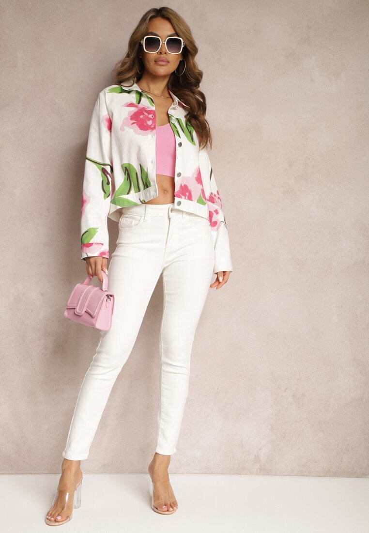 sophyline Jachetă Denim Bej-Roz din Bumbac cu Imprimeu Floral Arielapa