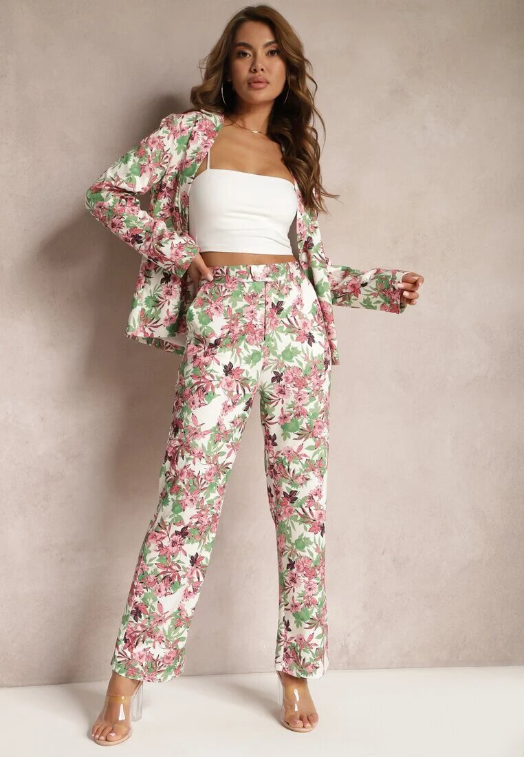 sophyline Pantaloni Alb-Roz cu Imprimeu Floral Talie Înaltă cu Picior Lat Lastaria