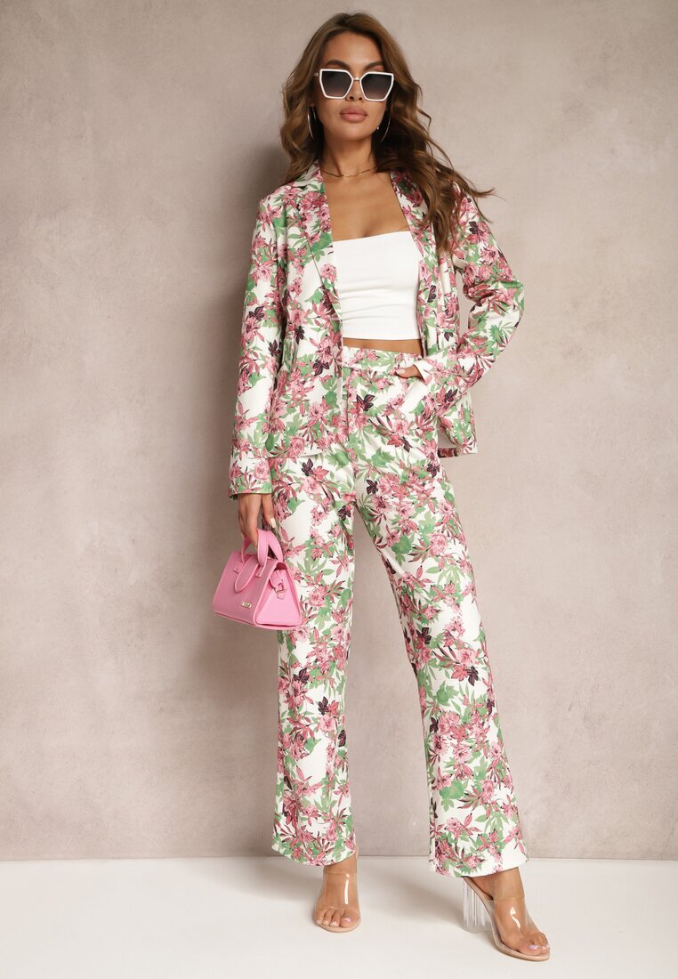 sophyline Pantaloni Alb-Roz cu Imprimeu Floral Talie Înaltă cu Picior Lat Lastaria