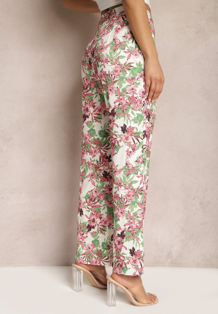 sophyline Pantaloni Alb-Roz cu Imprimeu Floral Talie Înaltă cu Picior Lat Lastaria
