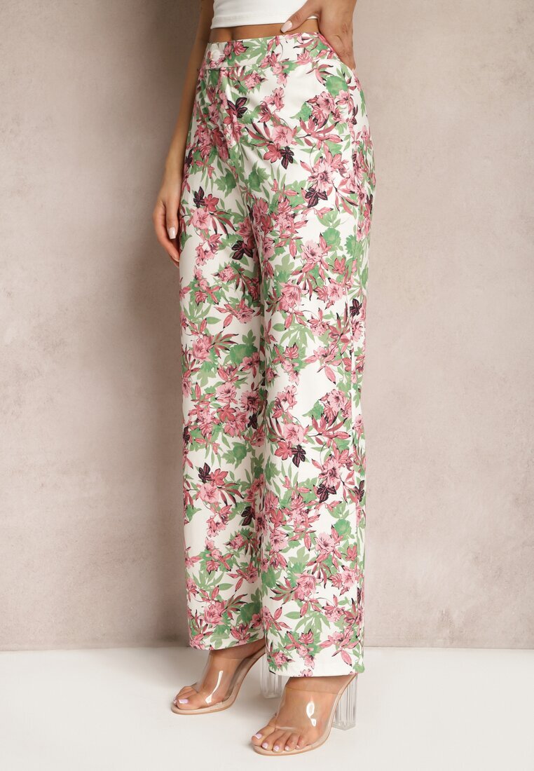 sophyline Pantaloni Alb-Roz cu Imprimeu Floral Talie Înaltă cu Picior Lat Lastaria