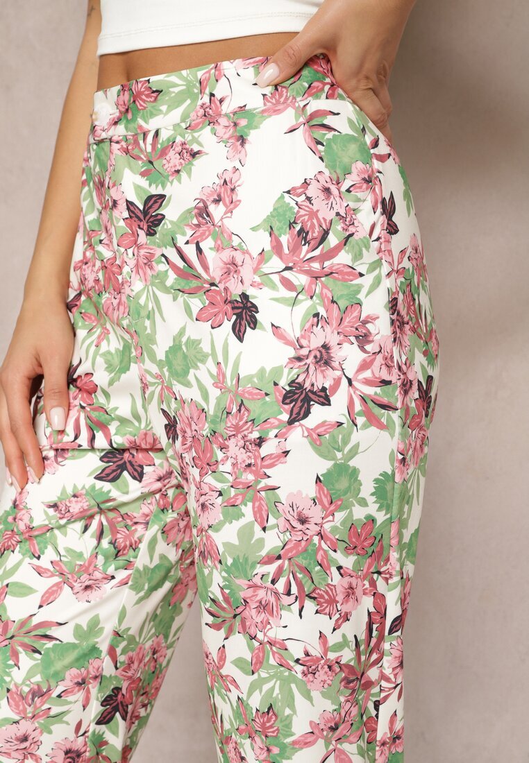 sophyline Pantaloni Alb-Roz cu Imprimeu Floral Talie Înaltă cu Picior Lat Lastaria