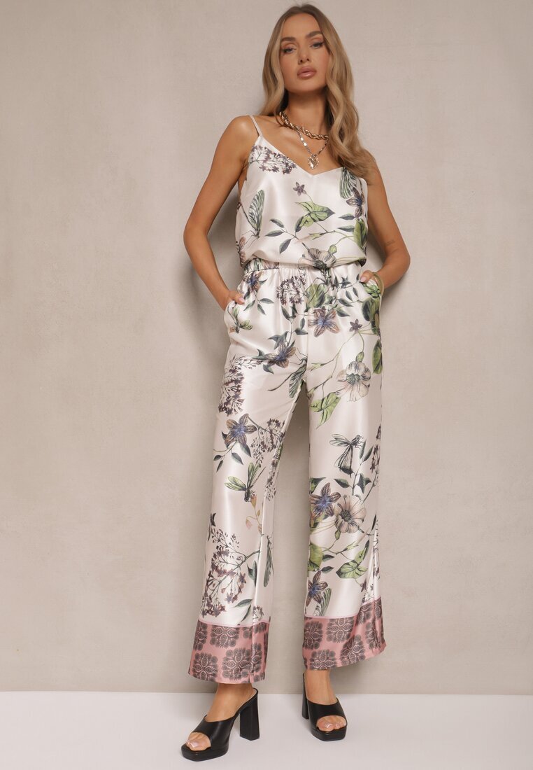 sophyline Pantaloni Bej din Vâscoză cu croială largă High Waist cu imprimeu floral Davilsa