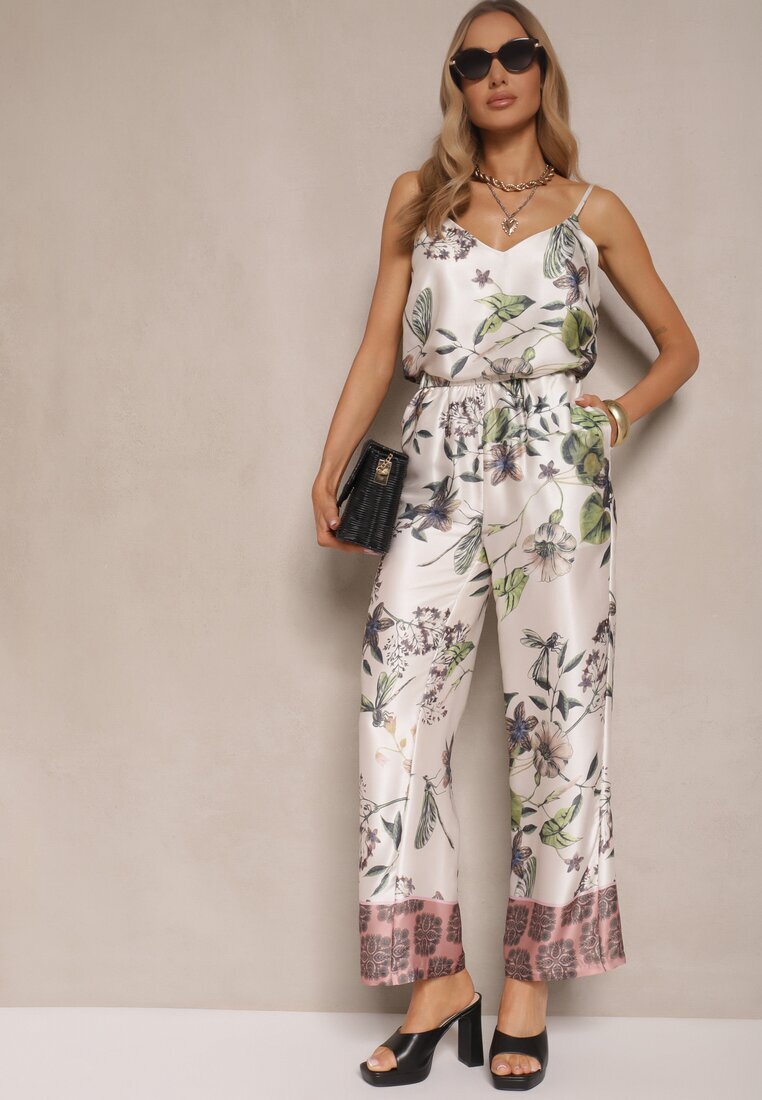 sophyline Pantaloni Bej din Vâscoză cu croială largă High Waist cu imprimeu floral Davilsa