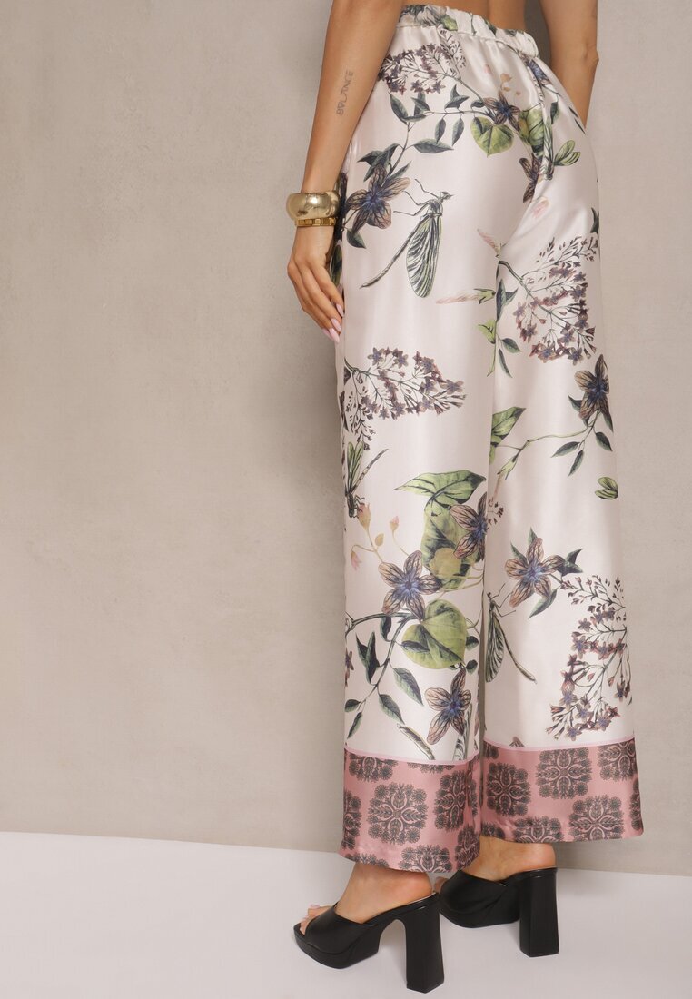 sophyline Pantaloni Bej din Vâscoză cu croială largă High Waist cu imprimeu floral Davilsa