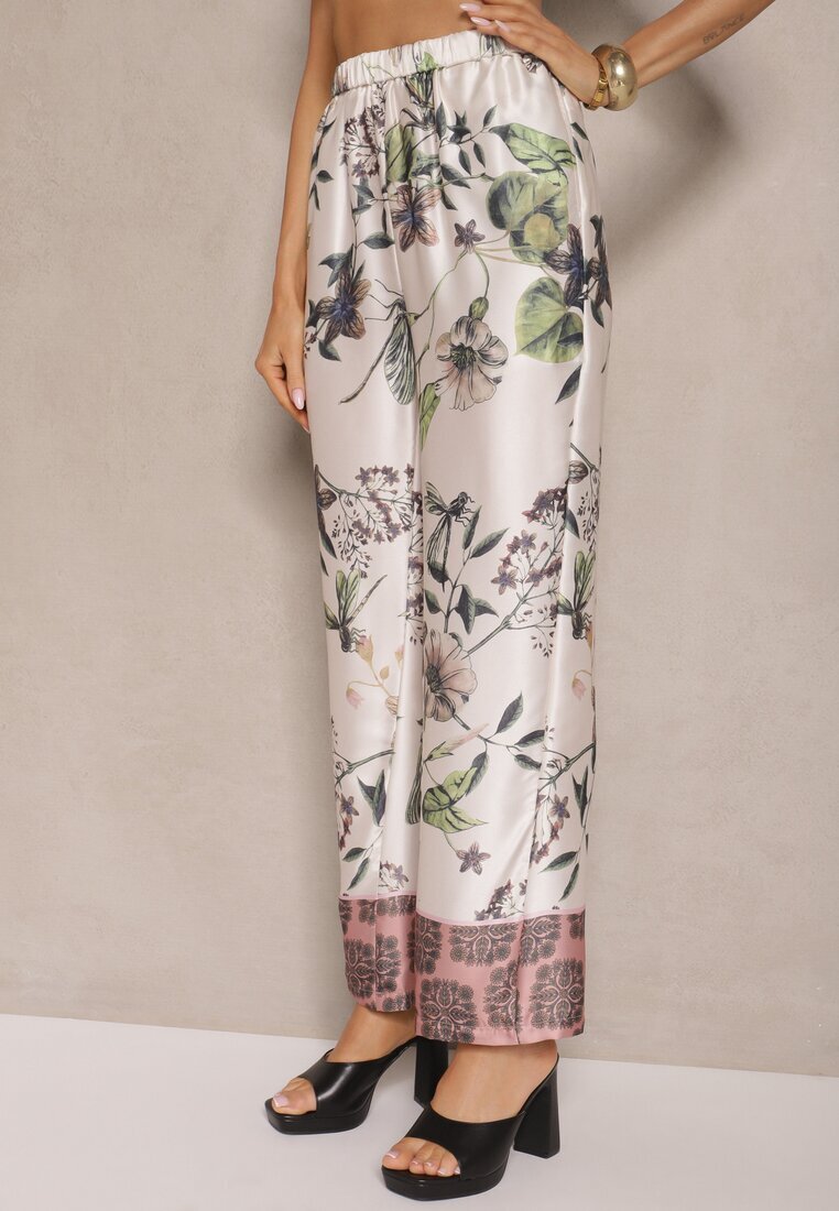 sophyline Pantaloni Bej din Vâscoză cu croială largă High Waist cu imprimeu floral Davilsa