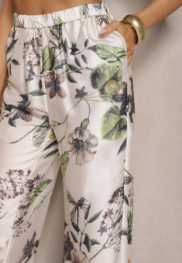 sophyline Pantaloni Bej din Vâscoză cu croială largă High Waist cu imprimeu floral Davilsa