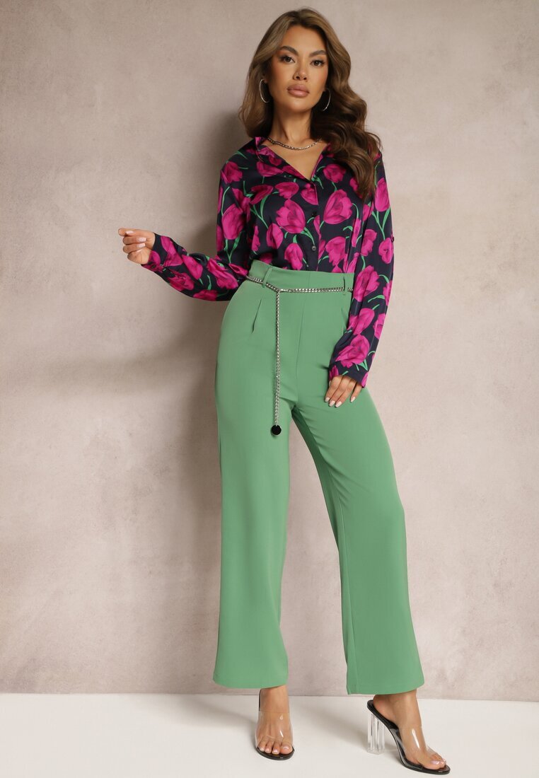 sophyline Pantaloni Eleganti Verzi cu craci evazati finisati cu un lant decorativ in talie Hamophona