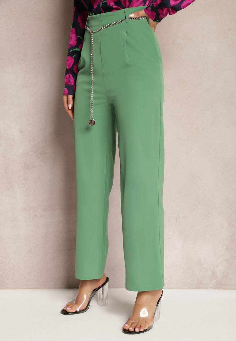 sophyline Pantaloni Eleganti Verzi cu craci evazati finisati cu un lant decorativ in talie Hamophona