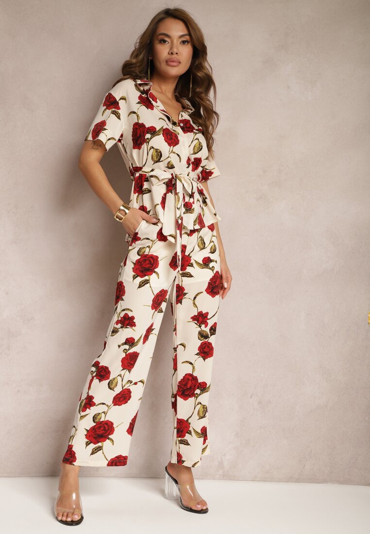 sophyline Pantaloni Largi Bej-Bordeaux cu Imprimeu Floral cu Buzunare Pomgranata