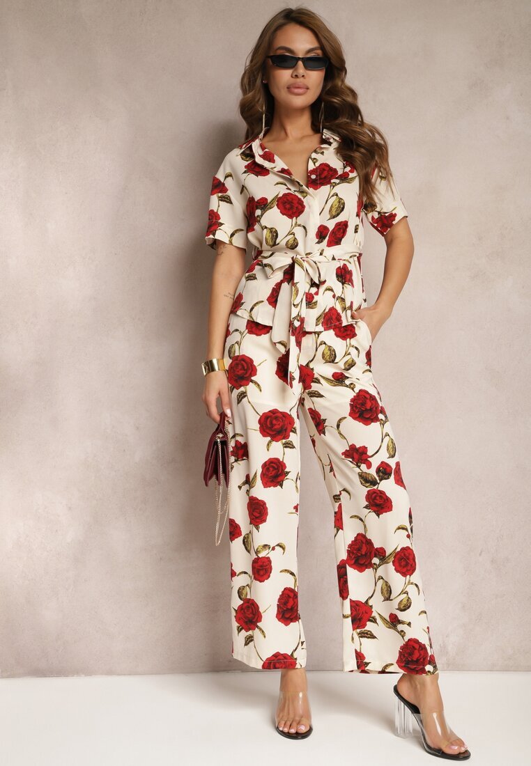 sophyline Pantaloni Largi Bej-Bordeaux cu Imprimeu Floral cu Buzunare Pomgranata