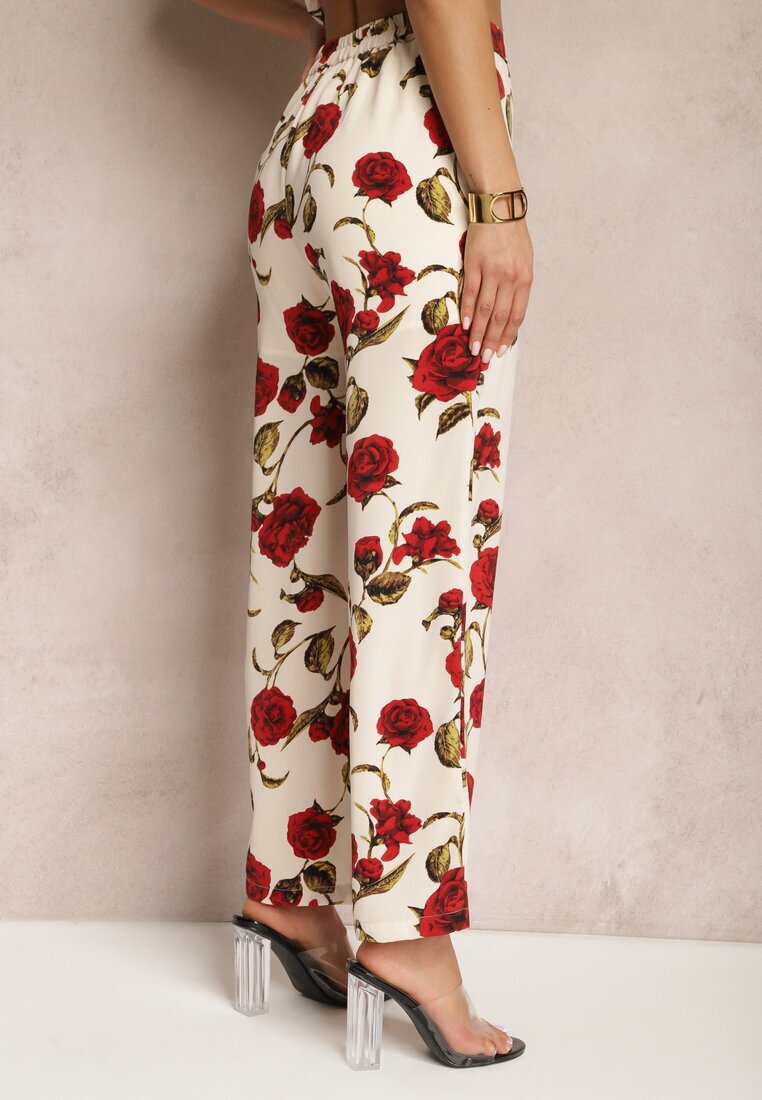 sophyline Pantaloni Largi Bej-Bordeaux cu Imprimeu Floral cu Buzunare Pomgranata