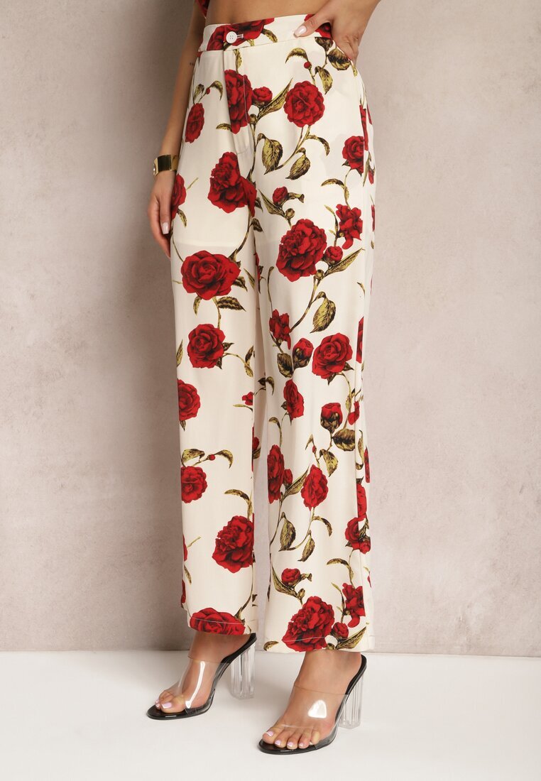 sophyline Pantaloni Largi Bej-Bordeaux cu Imprimeu Floral cu Buzunare Pomgranata