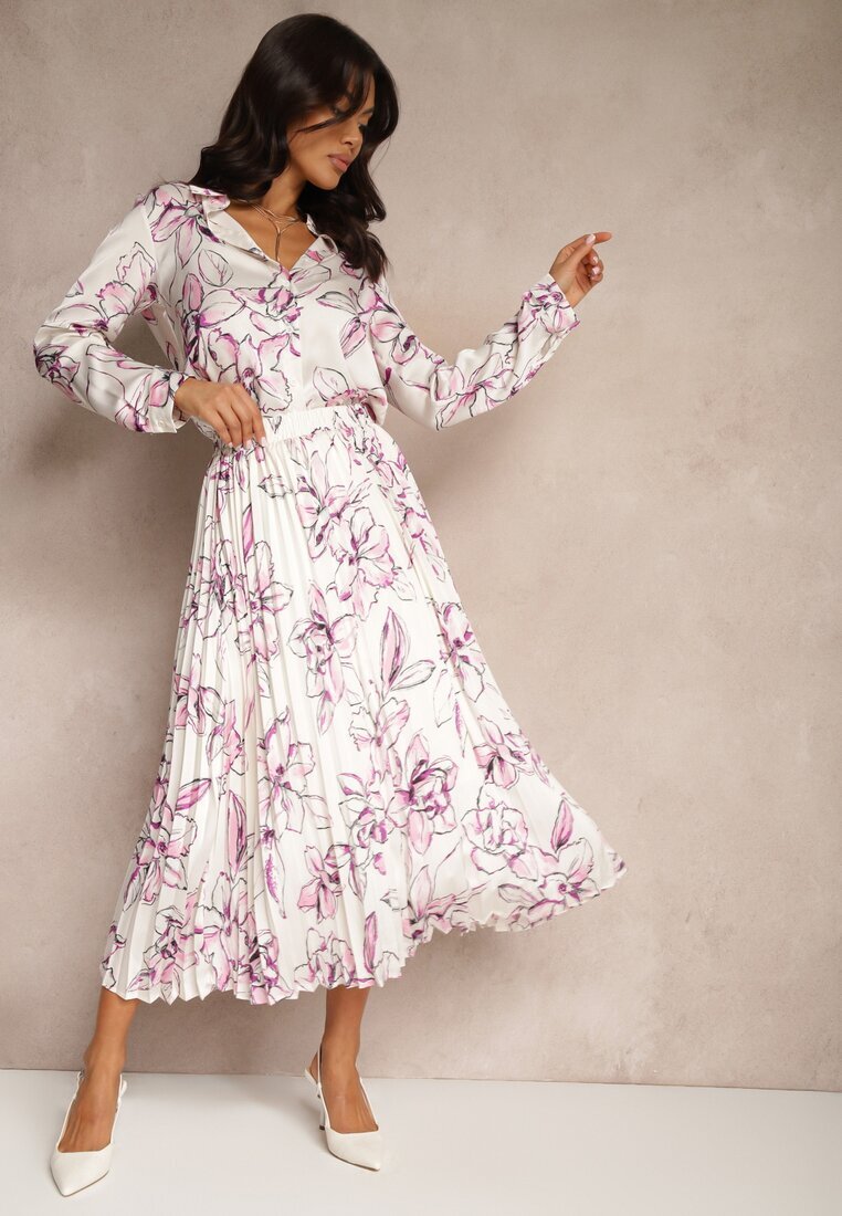 sophyline paris Fustă Alb-Fuchsia Plisată din Viscoză cu Imprimeu Floral Rivavina
