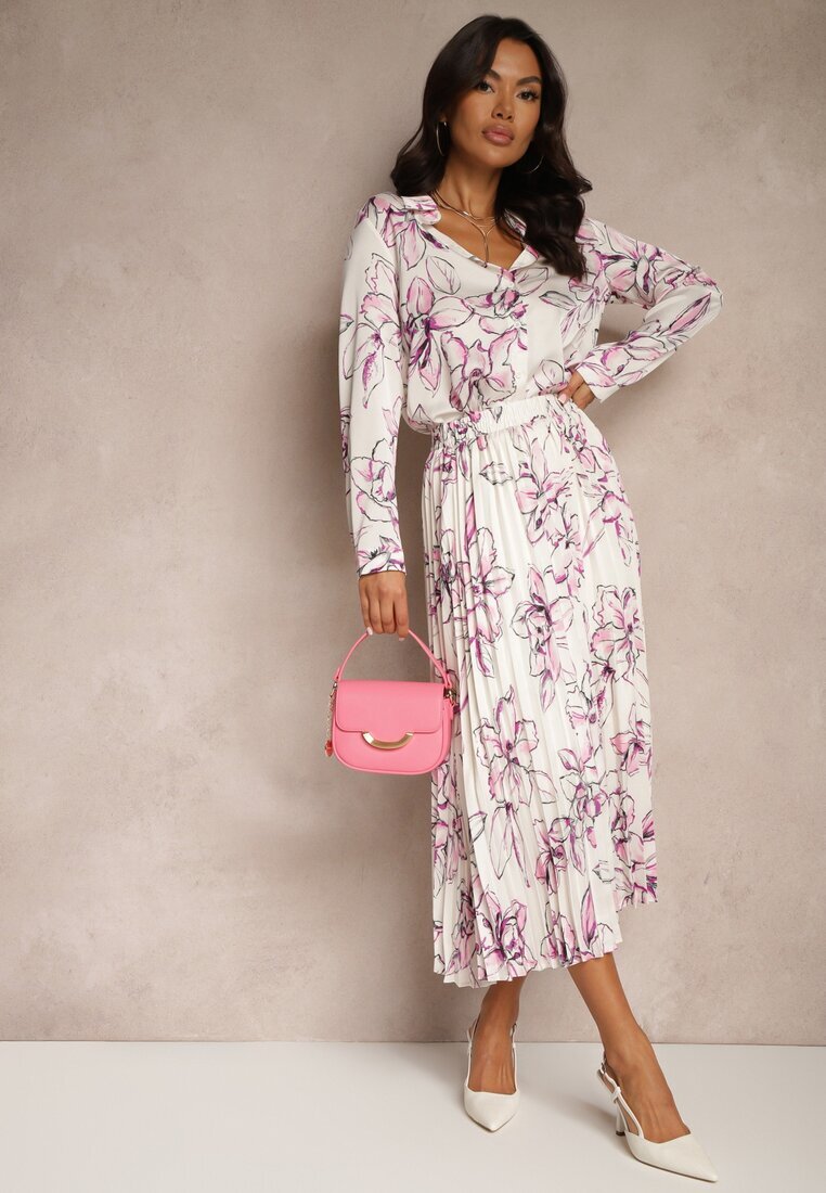 sophyline paris Fustă Alb-Fuchsia Plisată din Viscoză cu Imprimeu Floral Rivavina