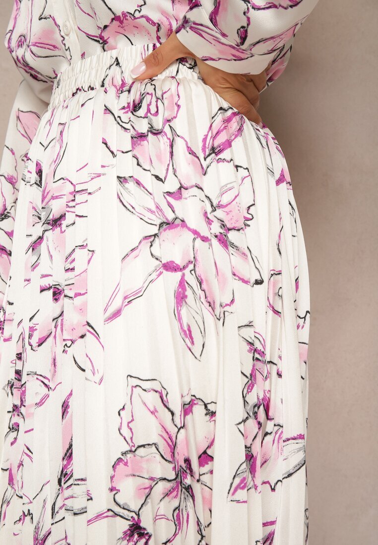 sophyline paris Fustă Alb-Fuchsia Plisată din Viscoză cu Imprimeu Floral Rivavina