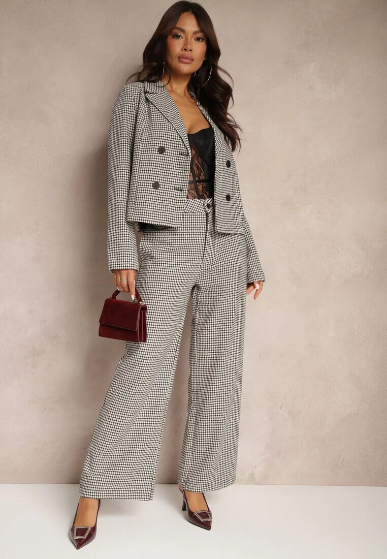 sophyline paris Pantaloni Negru-Bej cu Viscoză Talie Înaltă cu Croială Largă în carouri pepită Enithra