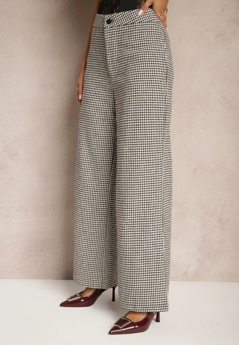 sophyline paris Pantaloni Negru-Bej cu Viscoză Talie Înaltă cu Croială Largă în carouri pepită Enithra