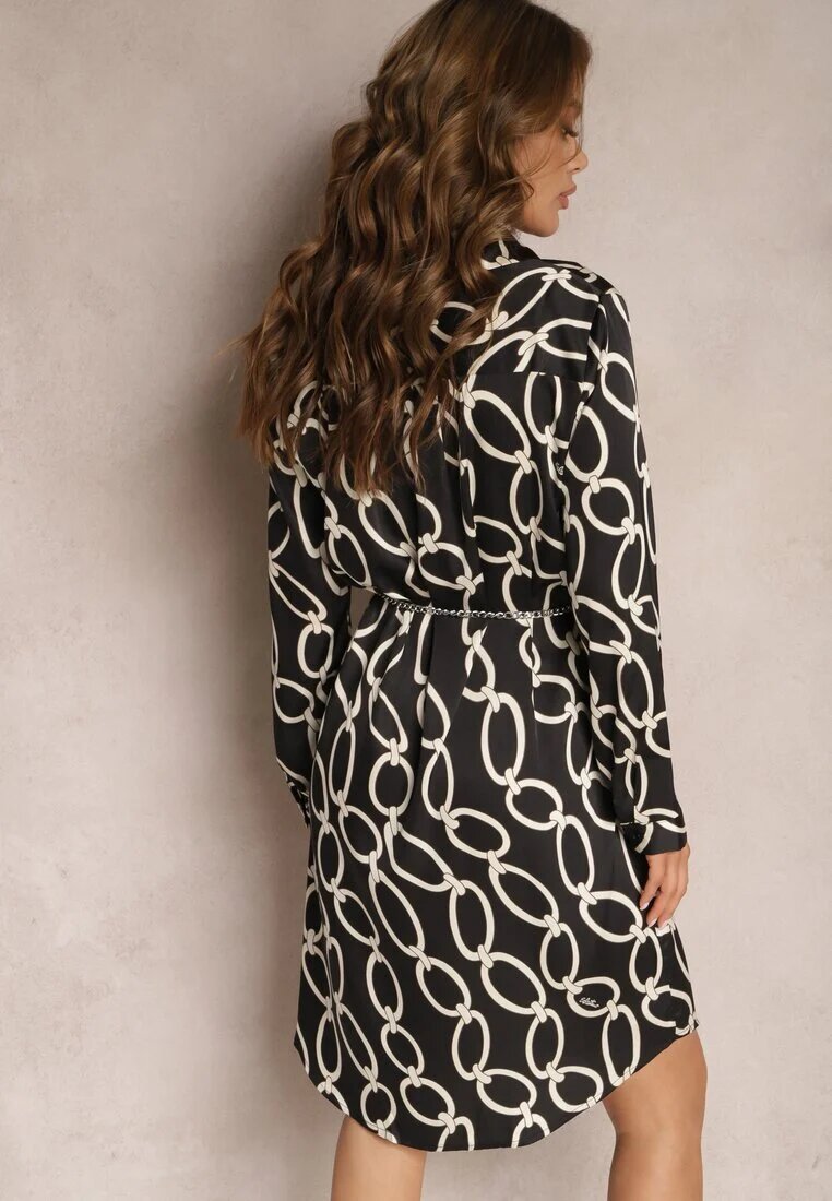 sophyline paris Rochie Cămașă Neagră Satinată cu Imprimeu Geometric cu Lanț în Loc de Curea Pastar